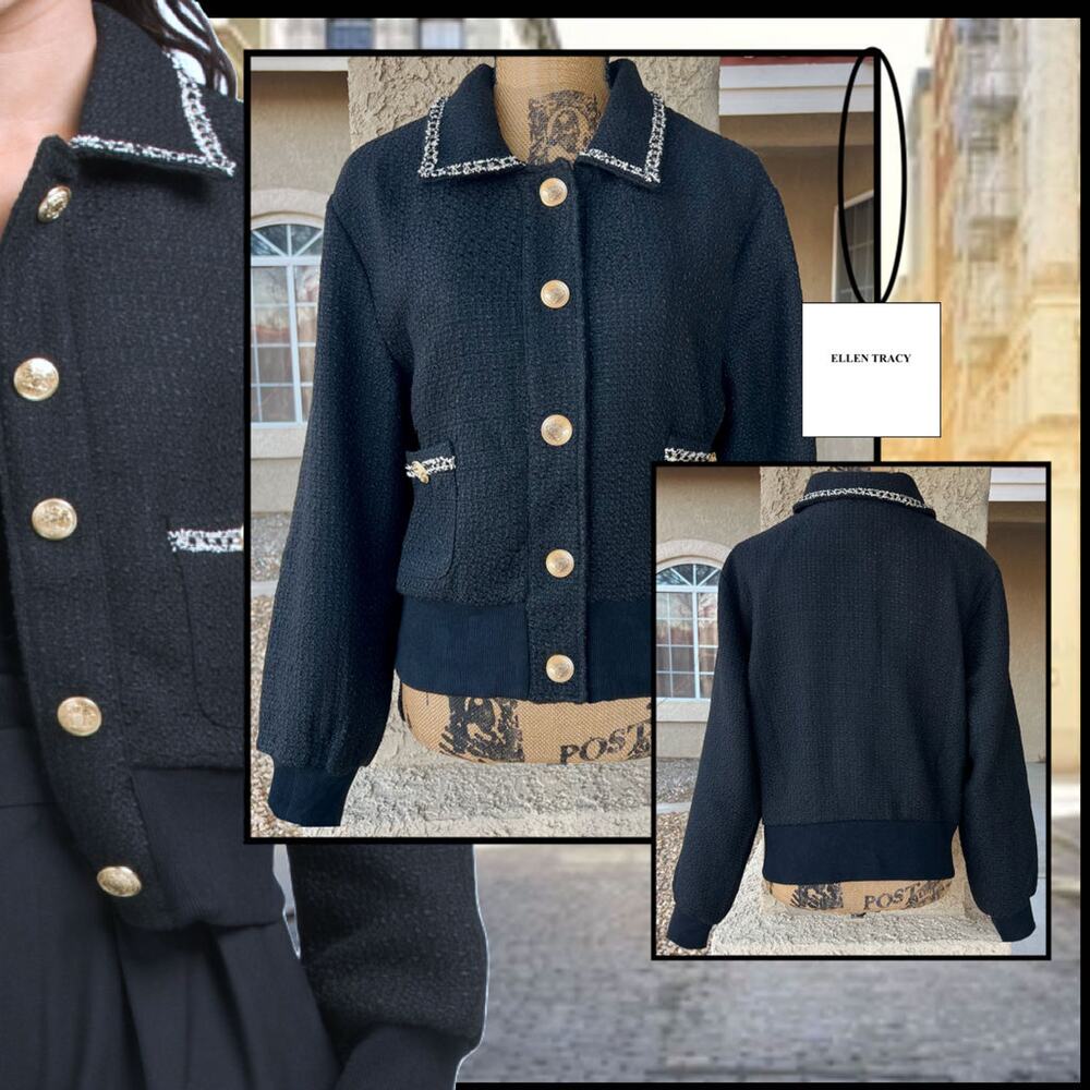 Ellen Tracy Black Boucle Jacket With Tweed Trim Size XL